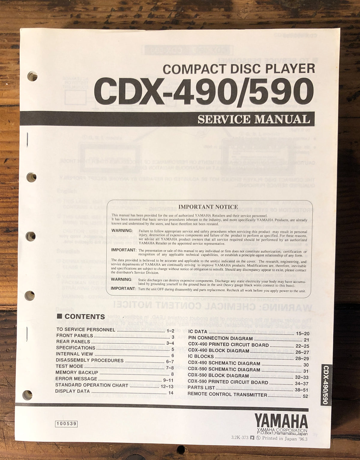 Yamaha CDX-490 CDX-590 CD Player  Service Manual *Original*