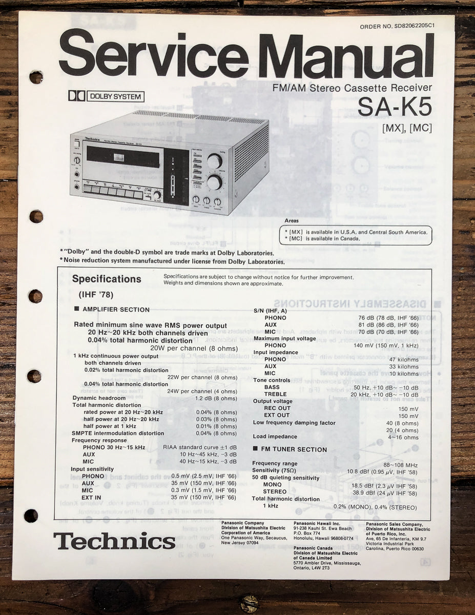 Technics SA-K5 Cassette Receiver Service Manual *Original*