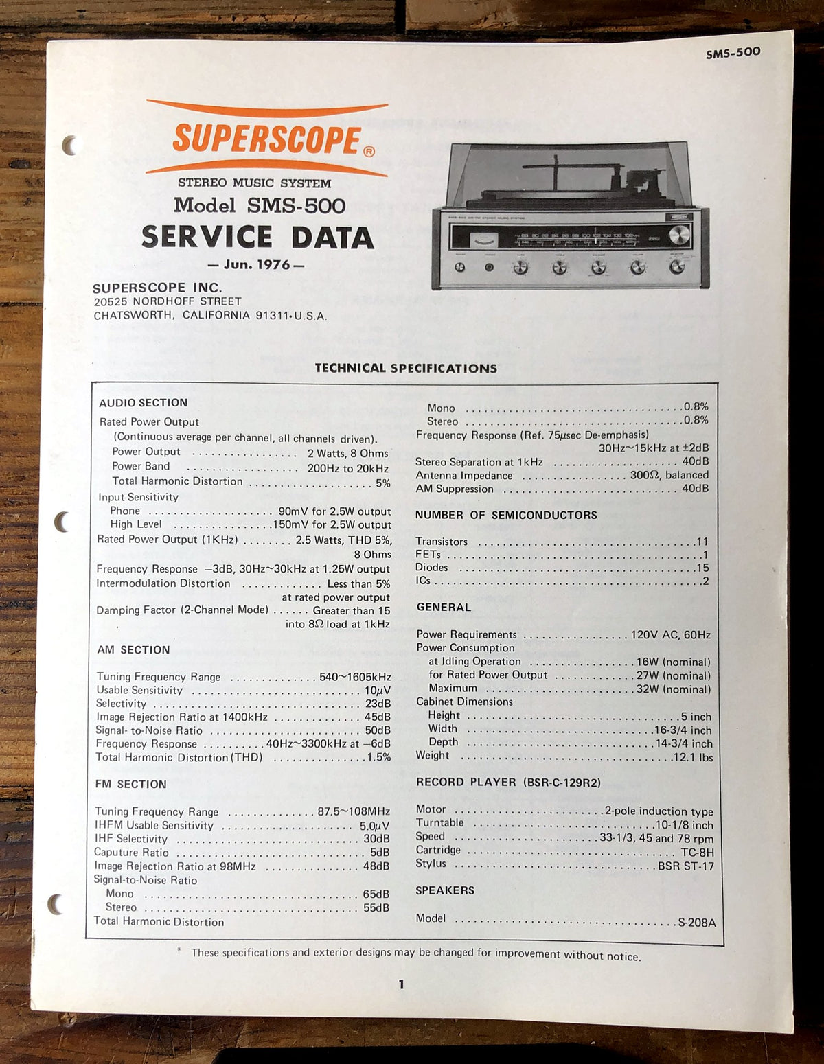 Superscope SMS-500 Stereo Music System Service Manual *Original*