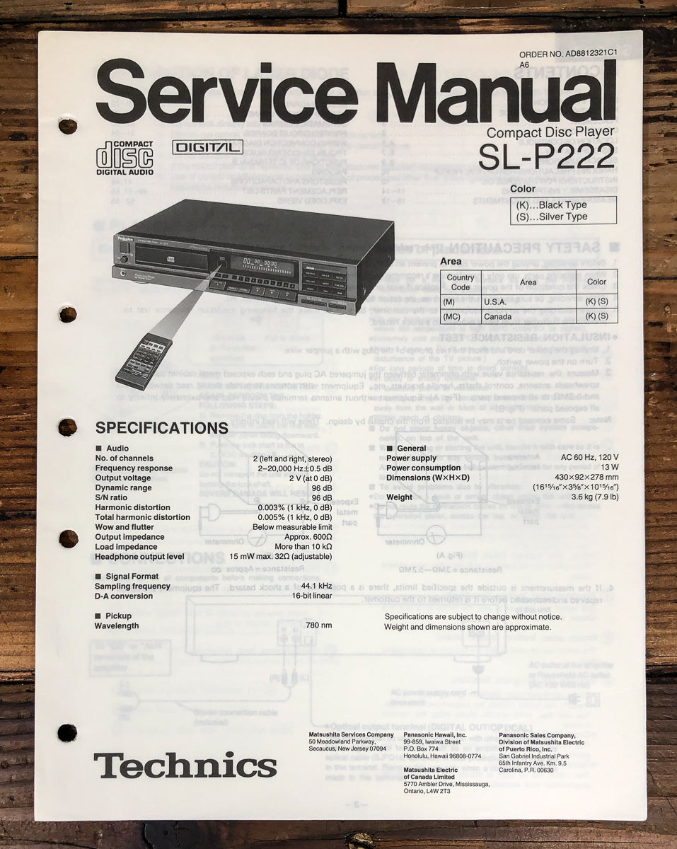 Technics SL-P222 CD Player Service Manual *Original*