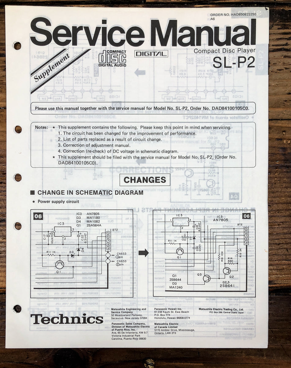 Technics SL-P2 CD Player Supp. Service Manual *Original*