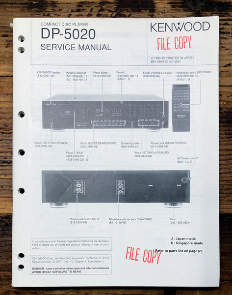 Kenwood DP-5020 CD Player  Service Manual *Original*