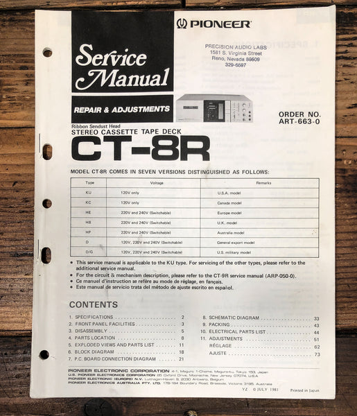 Pioneer CT-8R Cassette Service Manual *Original*