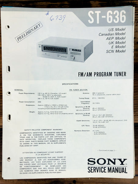 Sony ST-636 Tuner Prelim. Service Manual *Original*