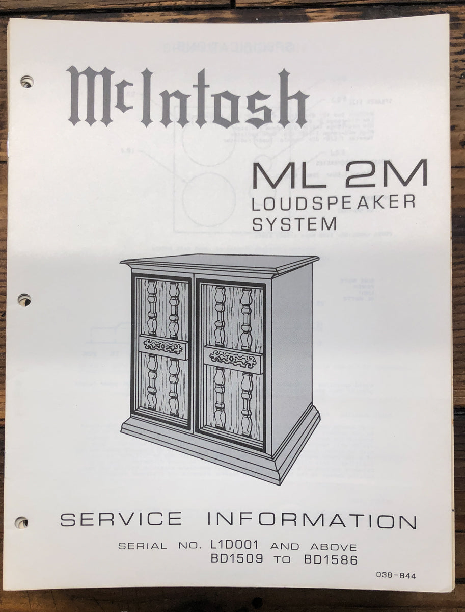 McIntosh ML2M ML-2M Speaker Service Manual *Original*