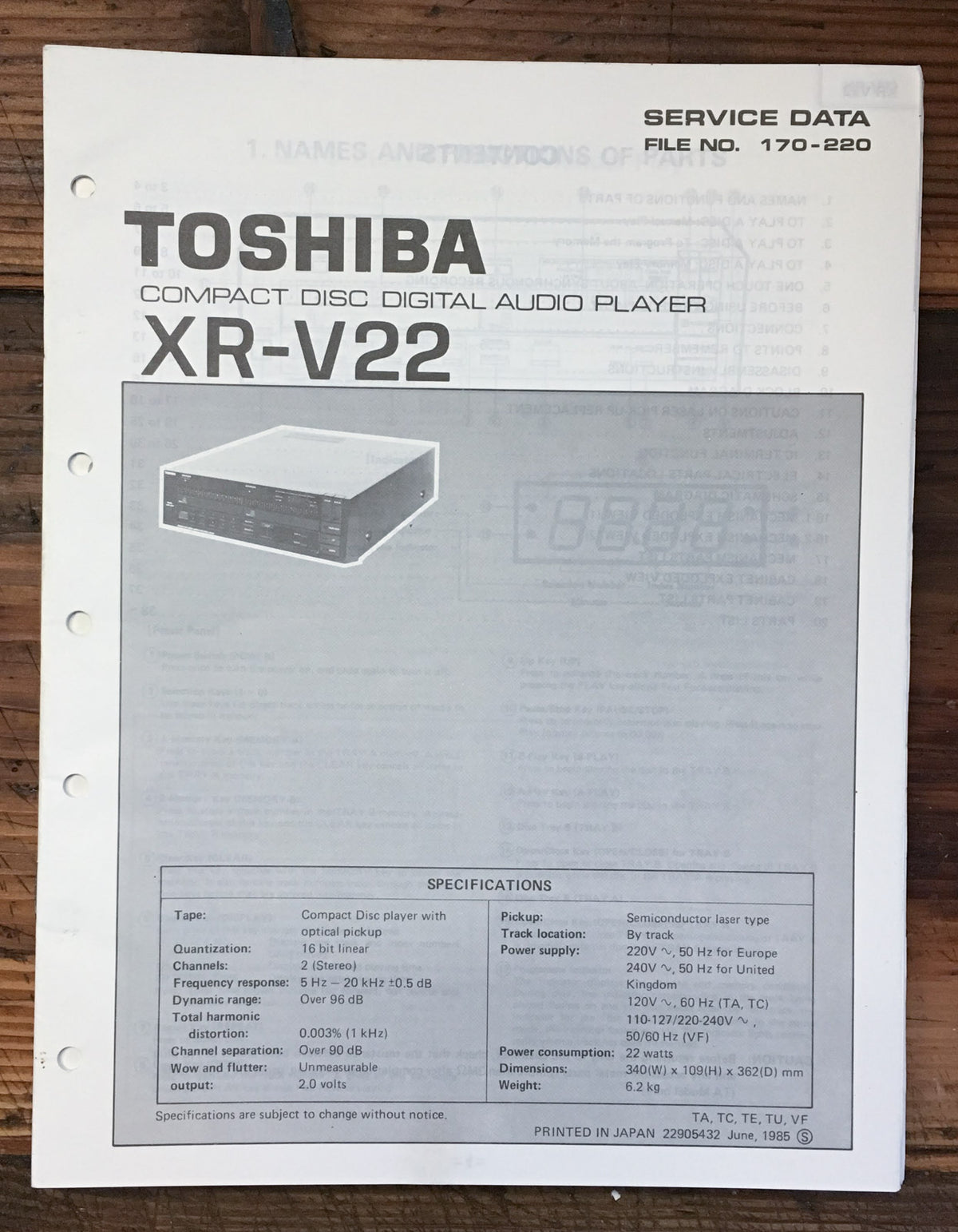Toshiba XR-V22 CD Player  Service Manual *Original*