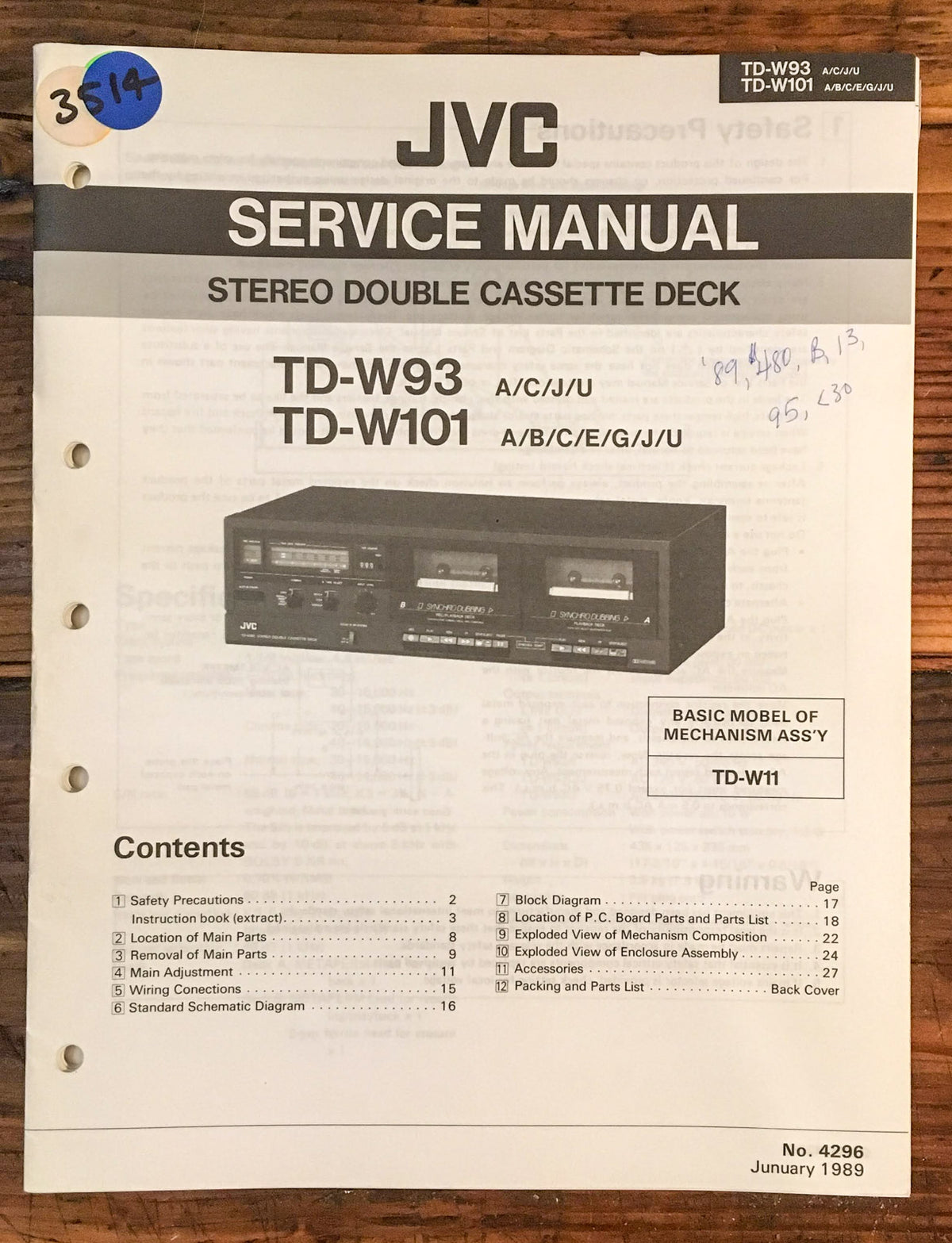 JVC TD-W93 TD-W101 Cassette Deck  Service Manual *Original*
