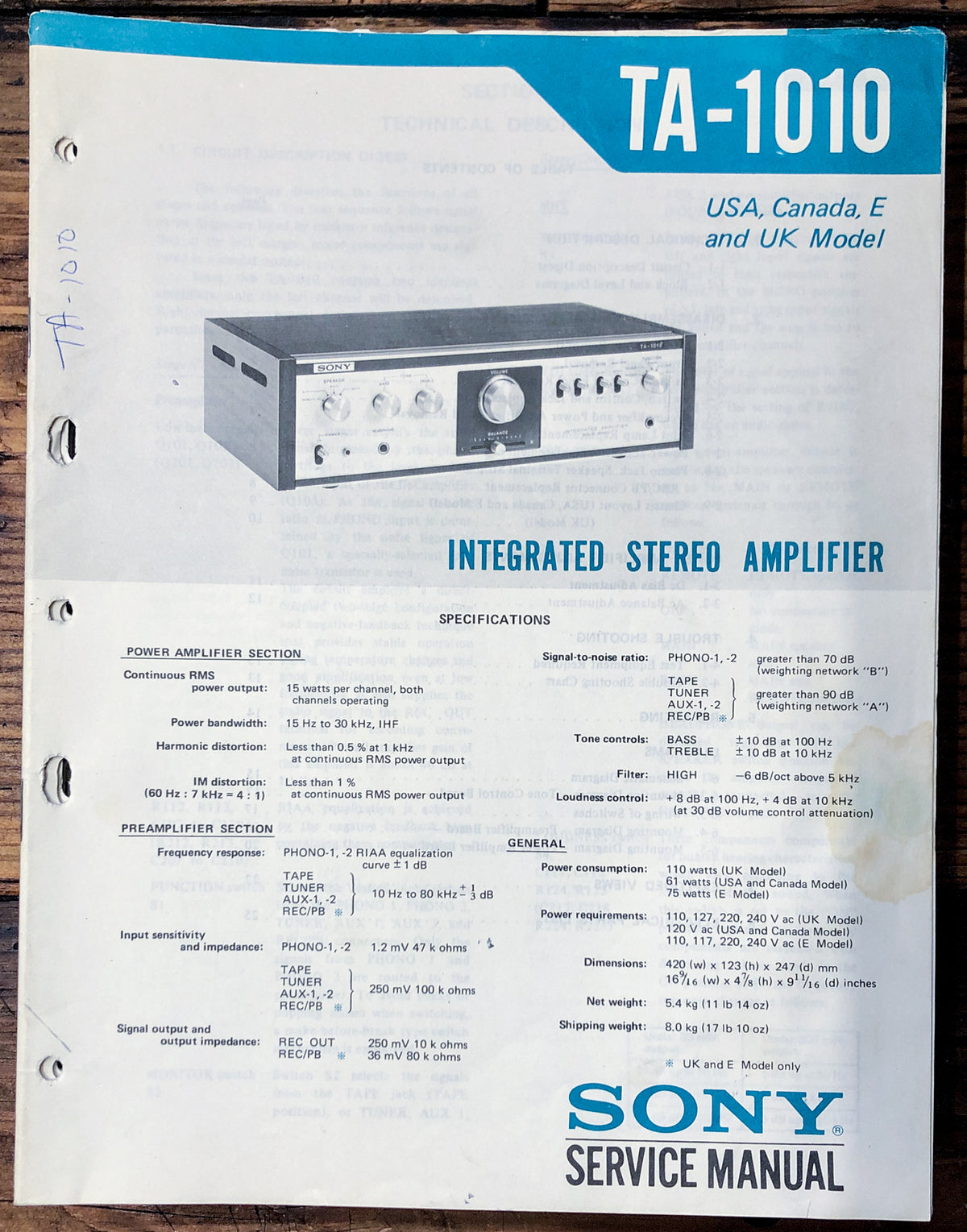 Sony TA-1010 Amplifier  Service Manual *Original*