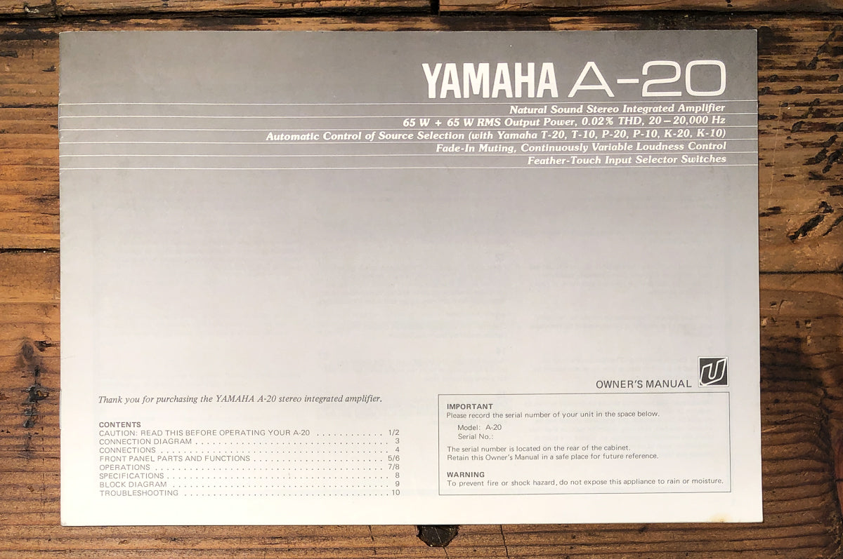 Yamaha A-20 Amplifier Owners / User Manual *Original*
