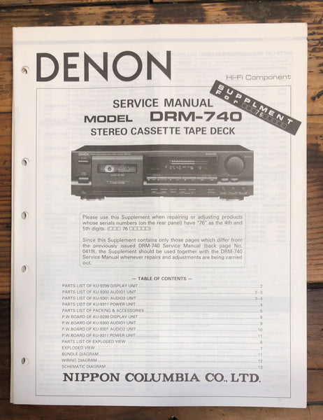 Denon DRM-740 Cassette Supplement Service Manual *Original*
