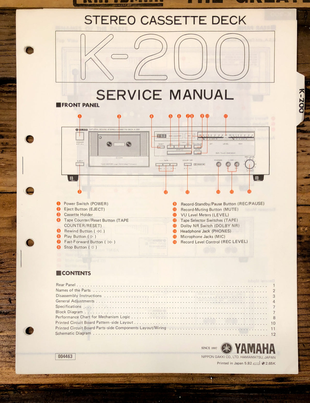 Yamaha K-200 Cassette  Service Manual *Original*