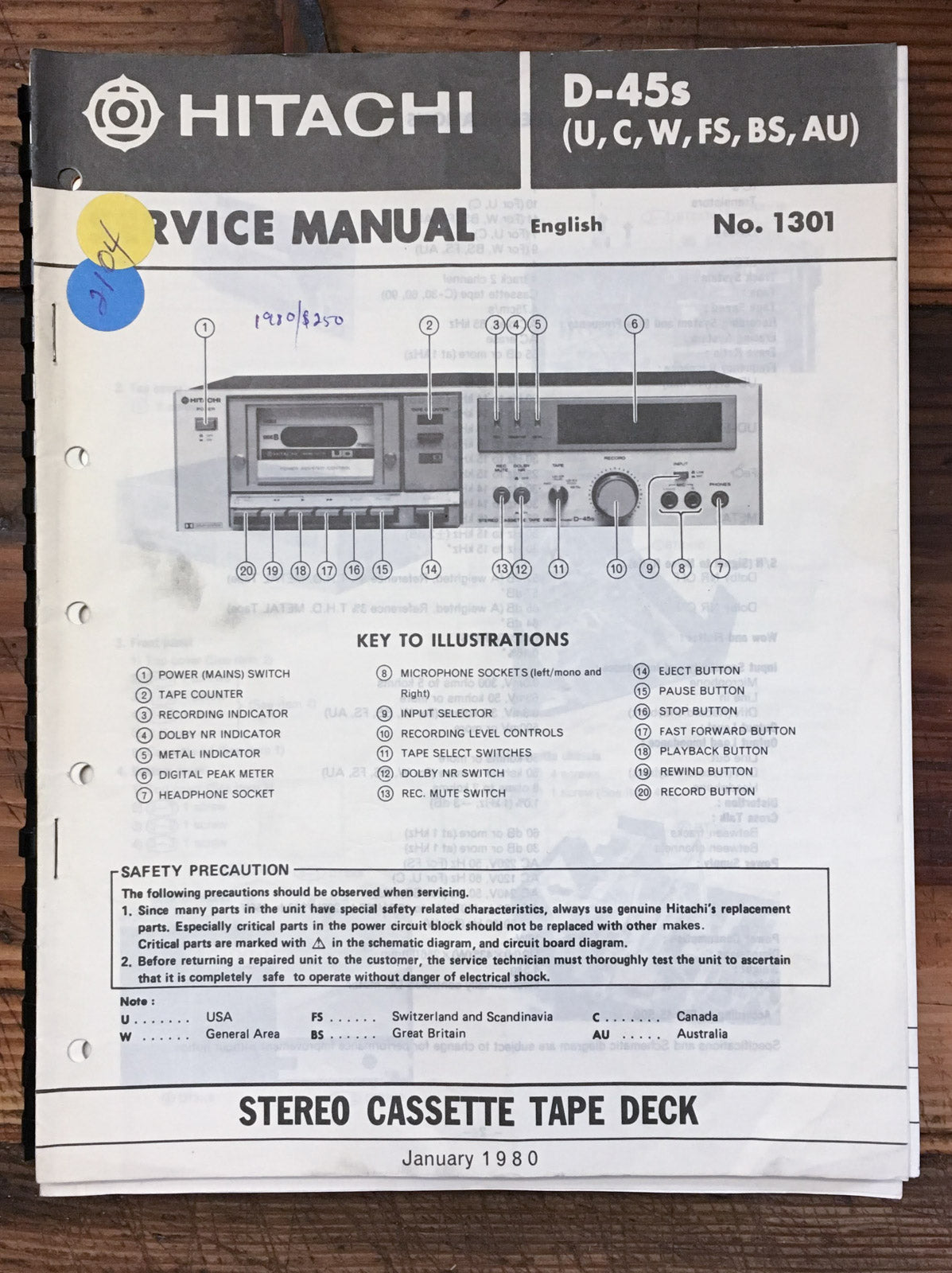 Hitachi D-45S Cassette  Service Manual *Original*