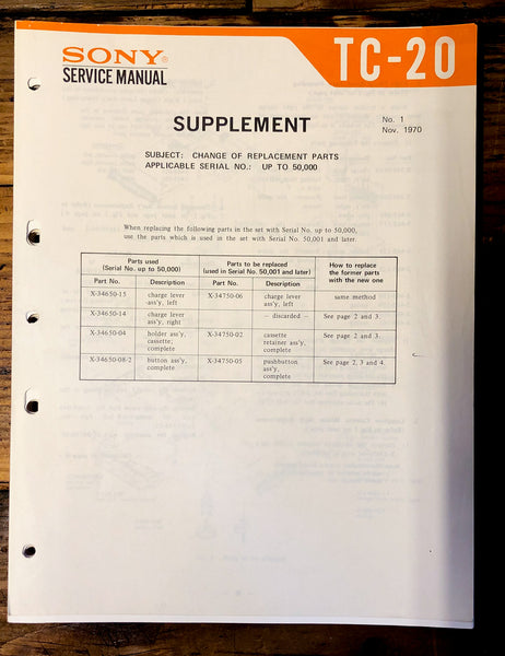 Sony TC-20 Tape Recorder Supp. Service Manual *Original*