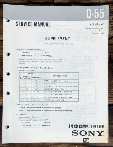 Sony D-55 CD Player  Supp. Service Manual *Original*