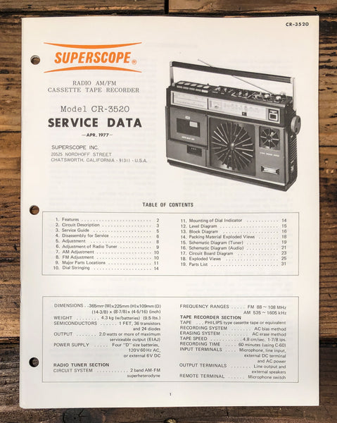 Superscope CR-3520 Radio Cassette Service Manual *Original*