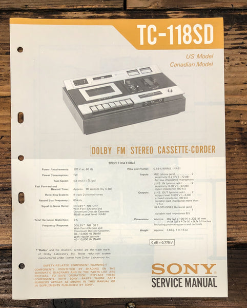 Sony TC-118SD Cassette Service Manual *Original*