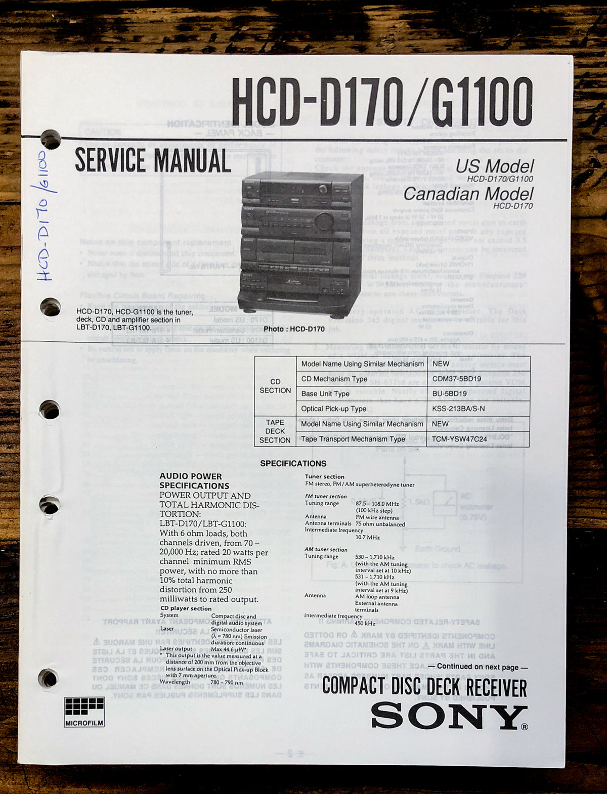 Sony HCD-D170 HCD-G1100 Stereo  Service Manual *Original*