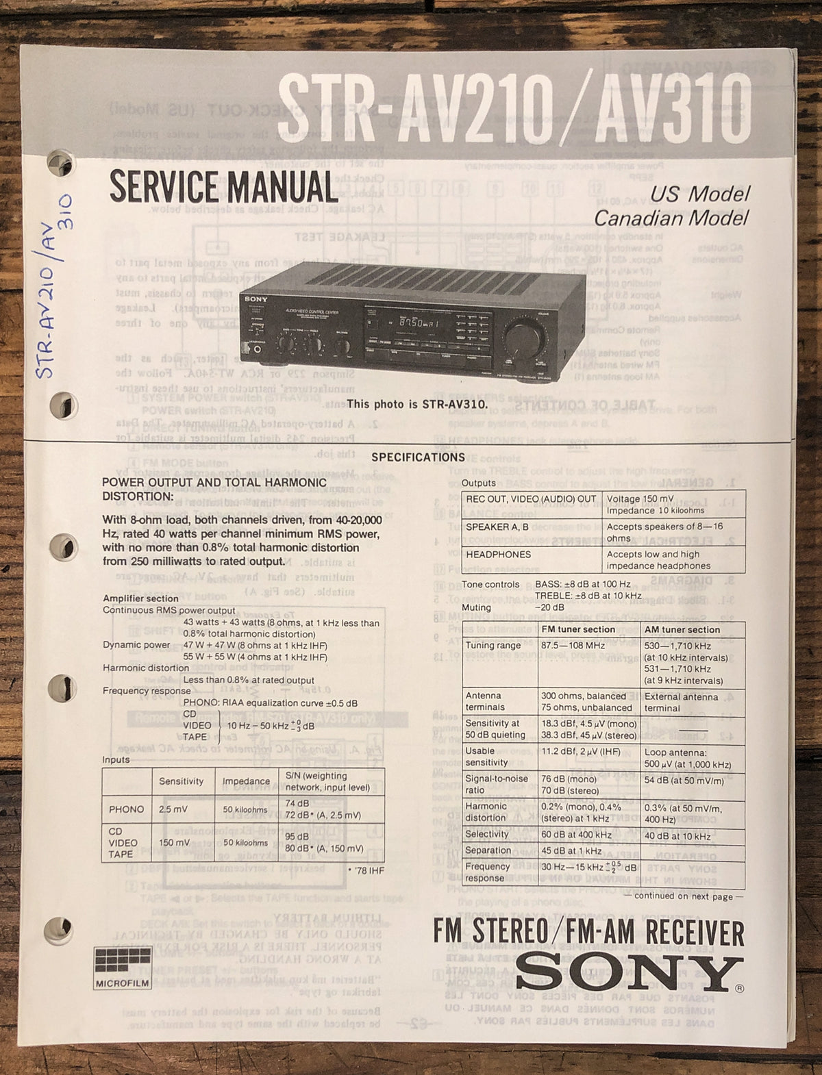 Sony STR-AV210 STR-AV310 Receiver  Service Manual *Original*
