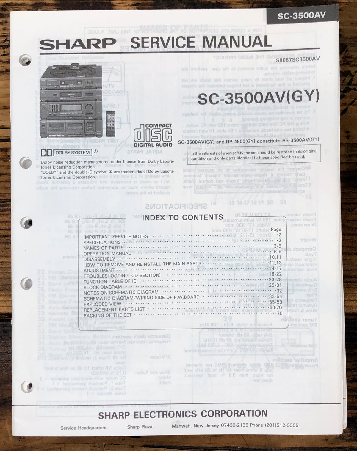 Sharp SC-3500AV Stereo System Service Manual *Original*