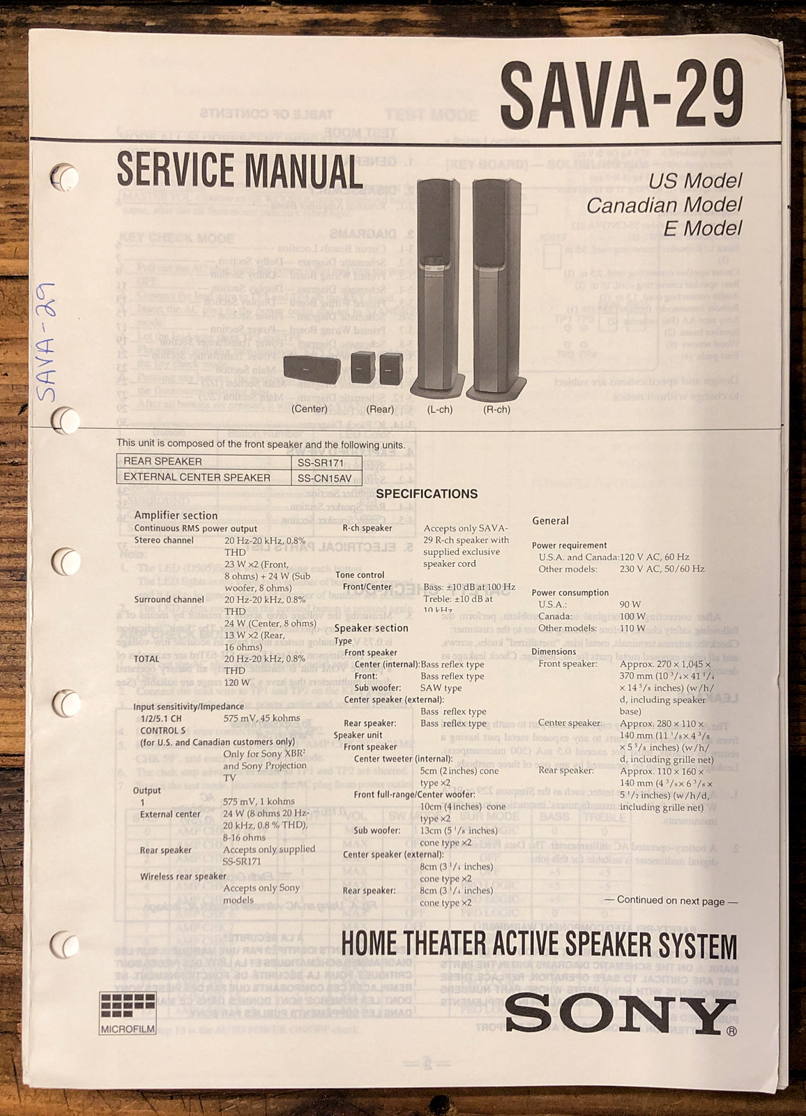 Sony SAVA-29 Speaker  Service Manual *Original*
