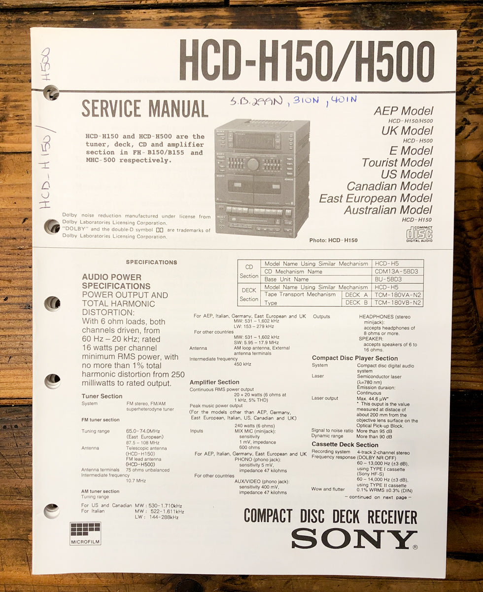 Sony HCD-H150 HCD-H500 Stereo  Service Manual *Original*