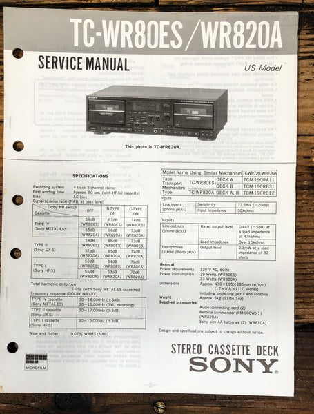 Sony TC-WR80ES TC-WR820A Cassette Service Manual *Original*
