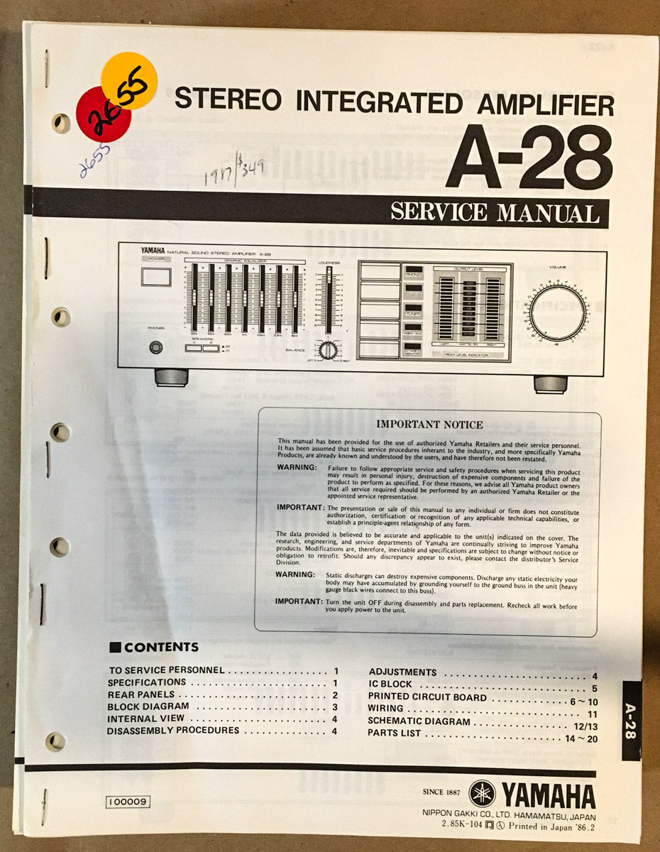 Yamaha A-28 Amplifier  Service Manual *Original*