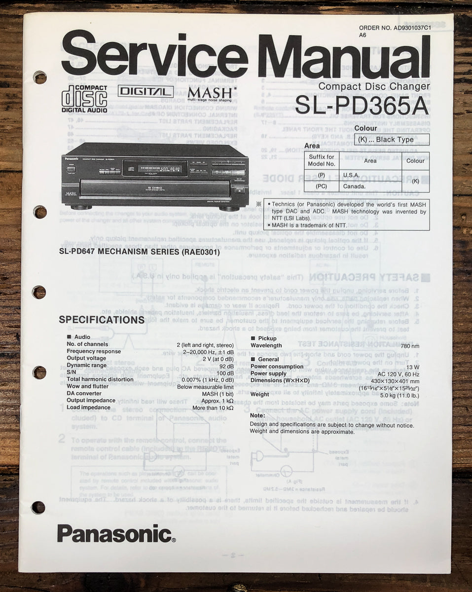 Technics SL-PD365A CD Player Service Manual *Original*