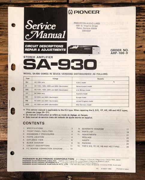 Pioneer SA-930 Amplifier Service Manual *Original*