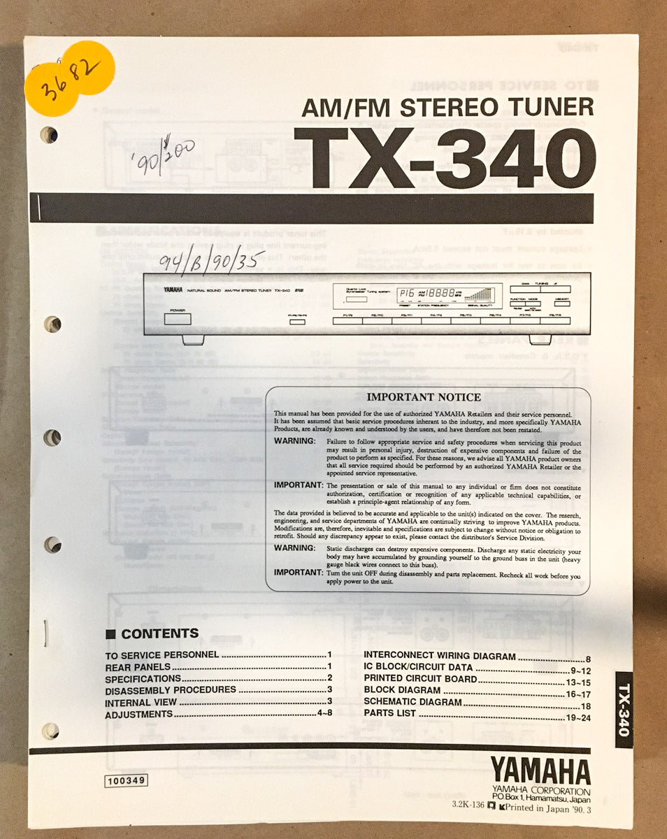 Yamaha TX-340 Tuner  Service Manual *Original*