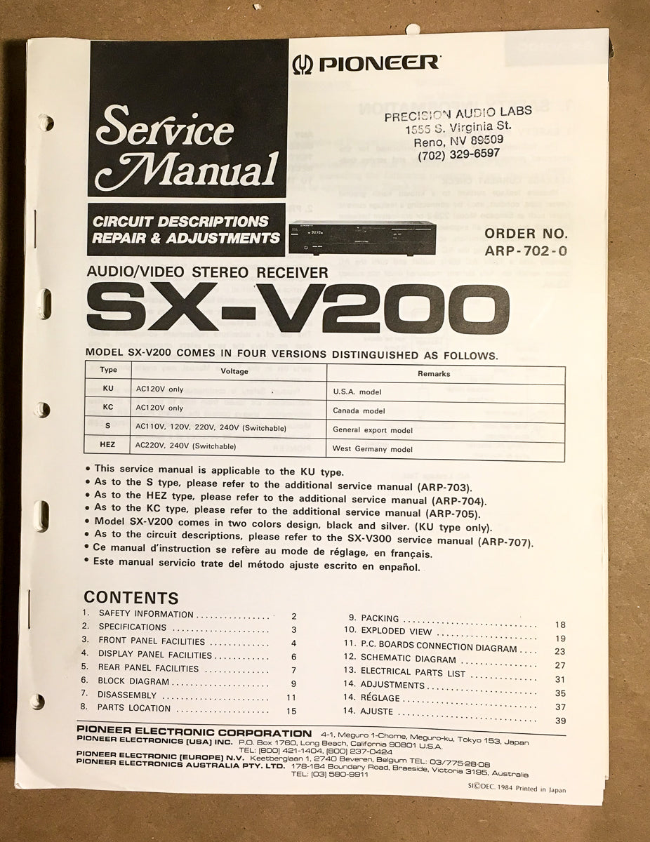 Pioneer SX-V200 Receiver Service Manual *Original*