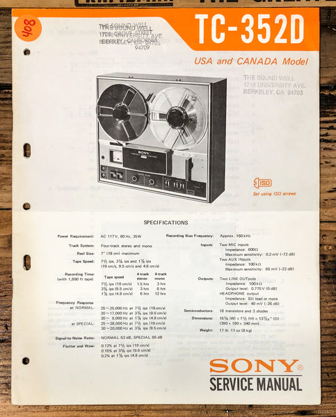 Sony TC-352D Reel to Reel  Service Manual *Original*