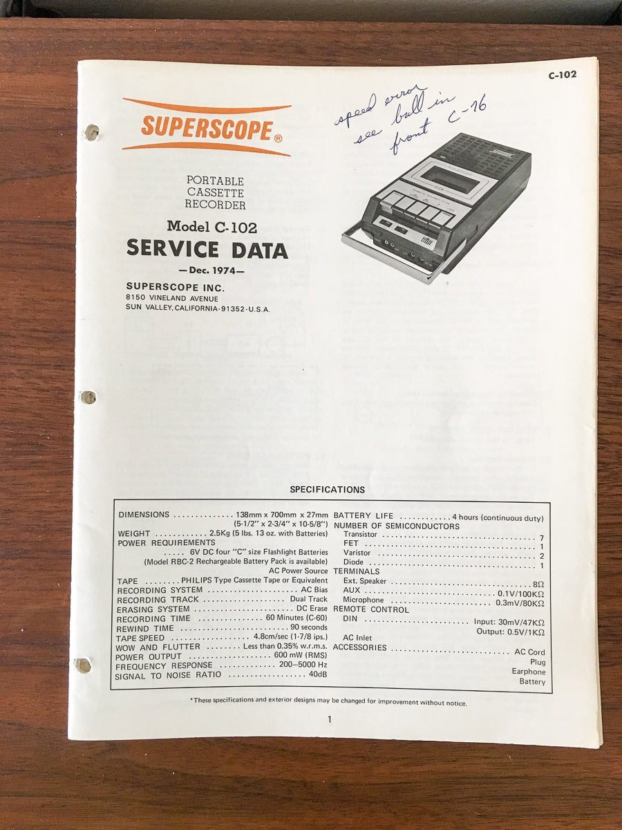 Superscope C-102 Cassette Recorder Service Manual *Original*