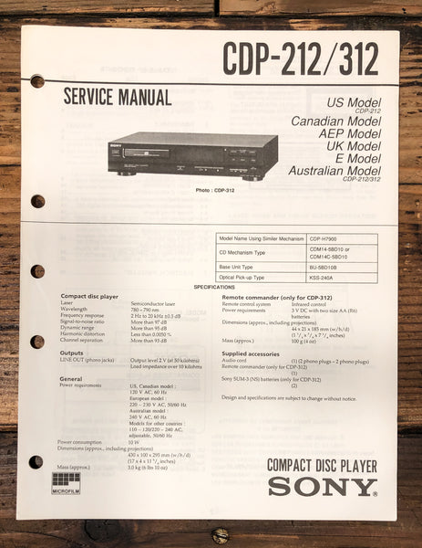 Sony CDP-212 CDP-312 CD Player Service Manual *Original*