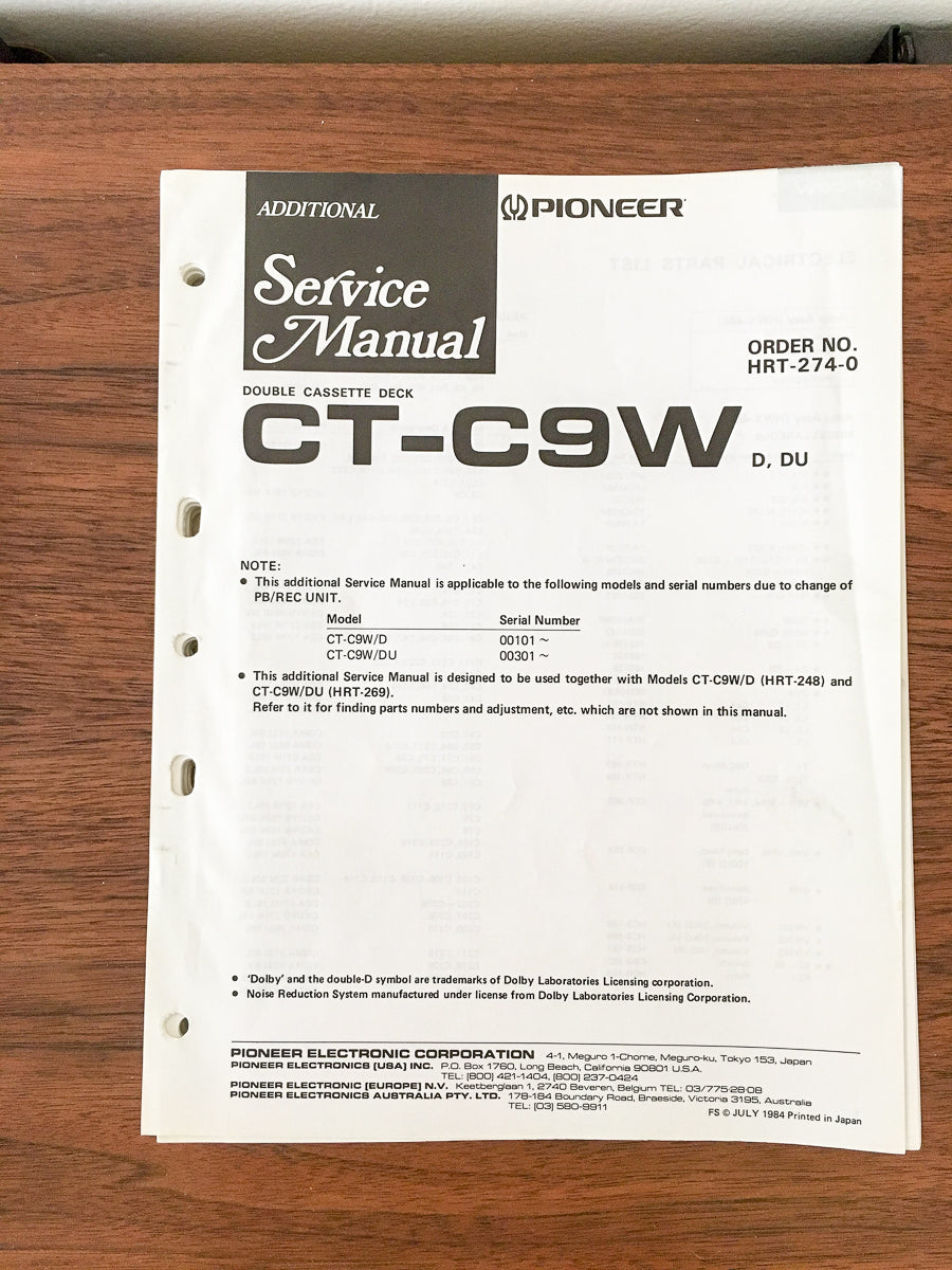 Pioneer CT-C9W Cassette ADDITIONAL Service Manual *Original*