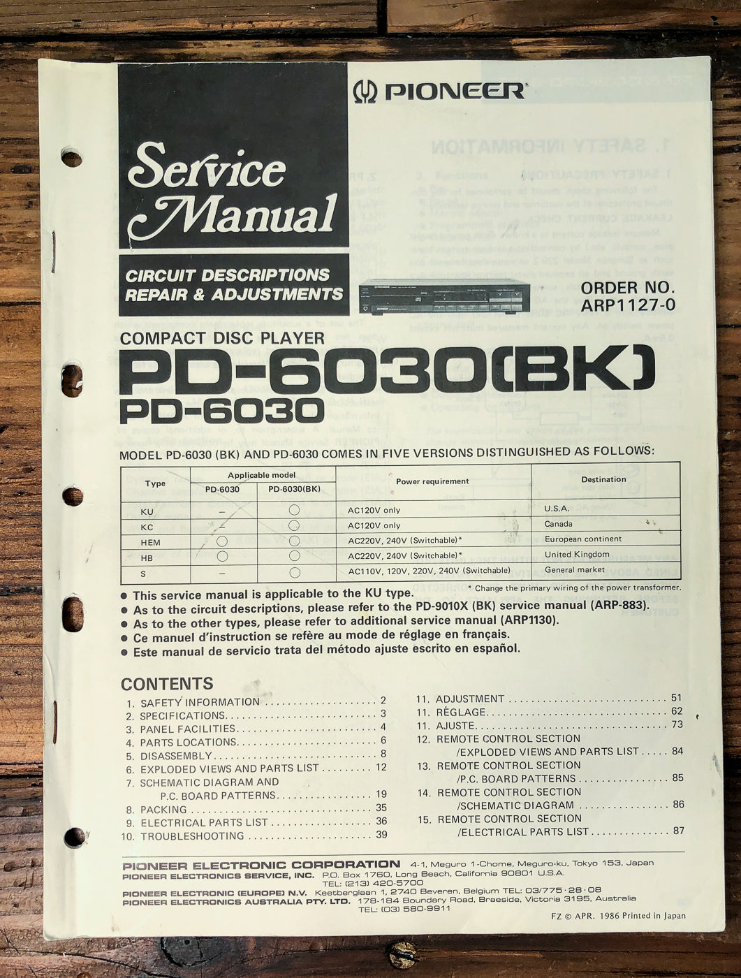 Pioneer PD-6030 CD Player Service Manual *Original*