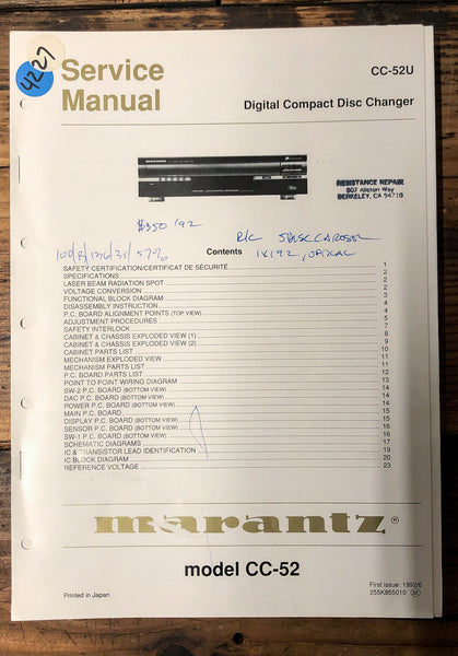 Marantz CC-52 CC-52U CD Player  Service Manual *Original*