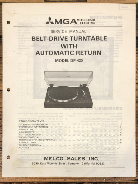 Mitsubishi DP-420 Record Player / Turntable  Service Manual *Original*