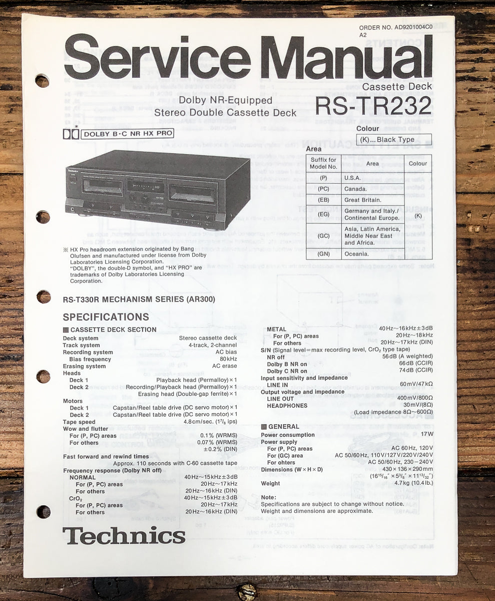 Technics RS-TR232 Cassette Service Manual *Original*