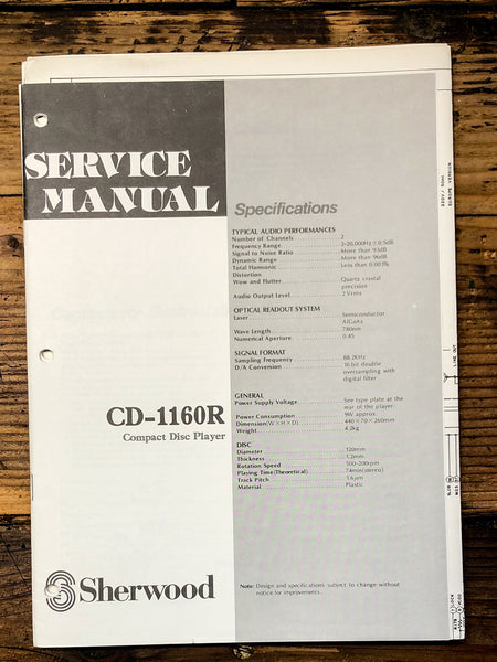 Sherwood CD-1160R CD Player  Service Manual *Original*