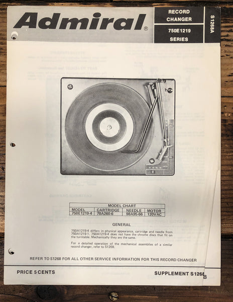 Admiral 750E 1219 Record Player / Turntable Service Manual *Original* #2