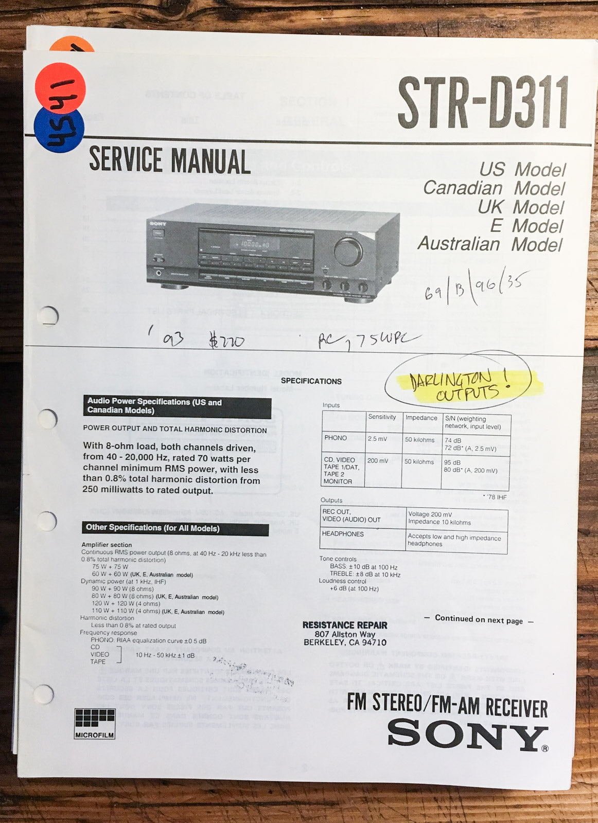 Sony STR-D311 Receiver  Service Manual *Original*