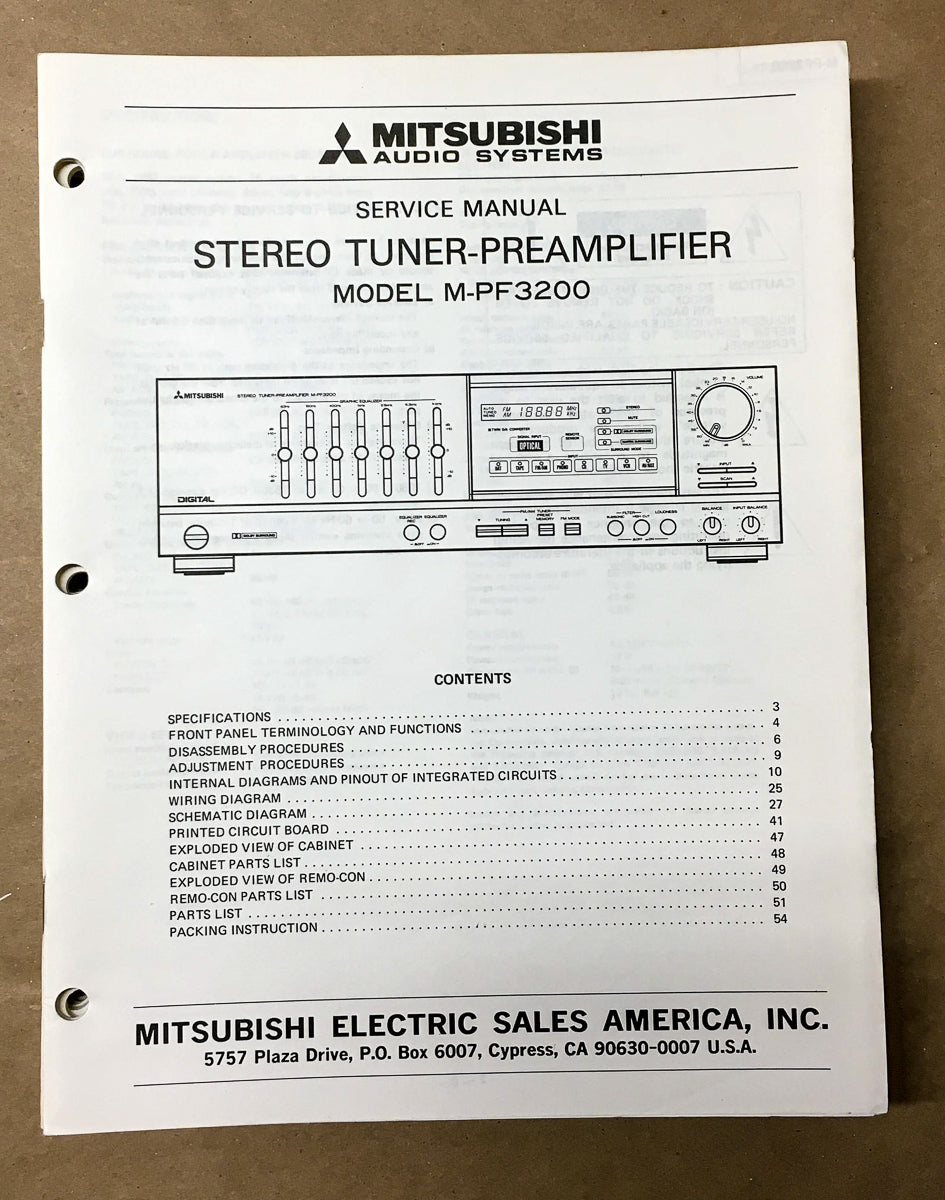 Mitsubishi M-PF3200 Preamp / Preamplifier Service Manual *Original*