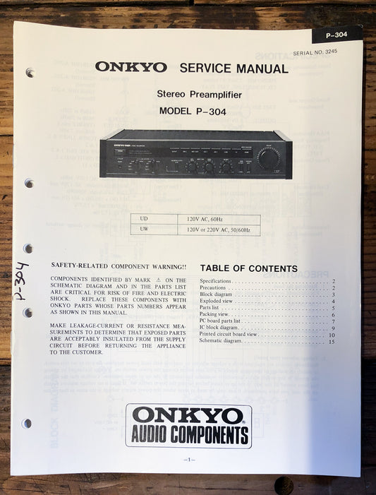 Onkyo P-304 Preamp / Preamplifier  Service Manual *Original*