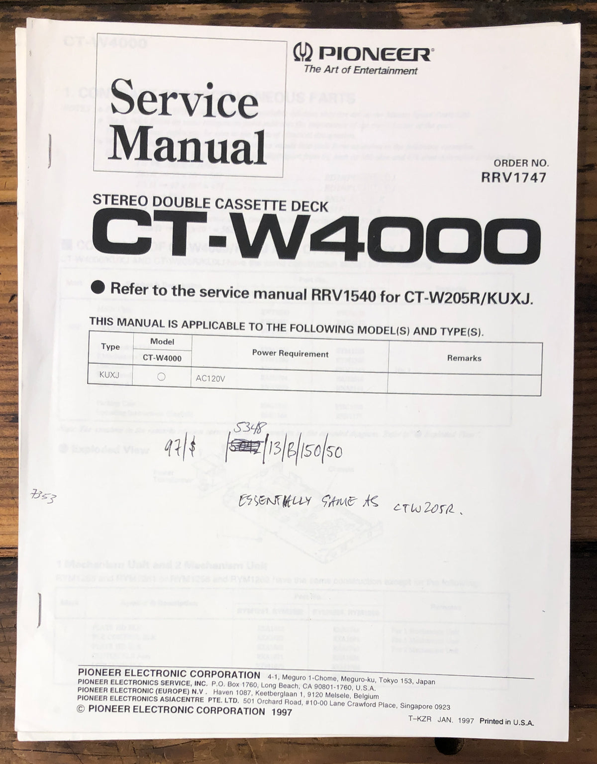 Pioneer CT-W4000 Cassette Service Manual *Original*
