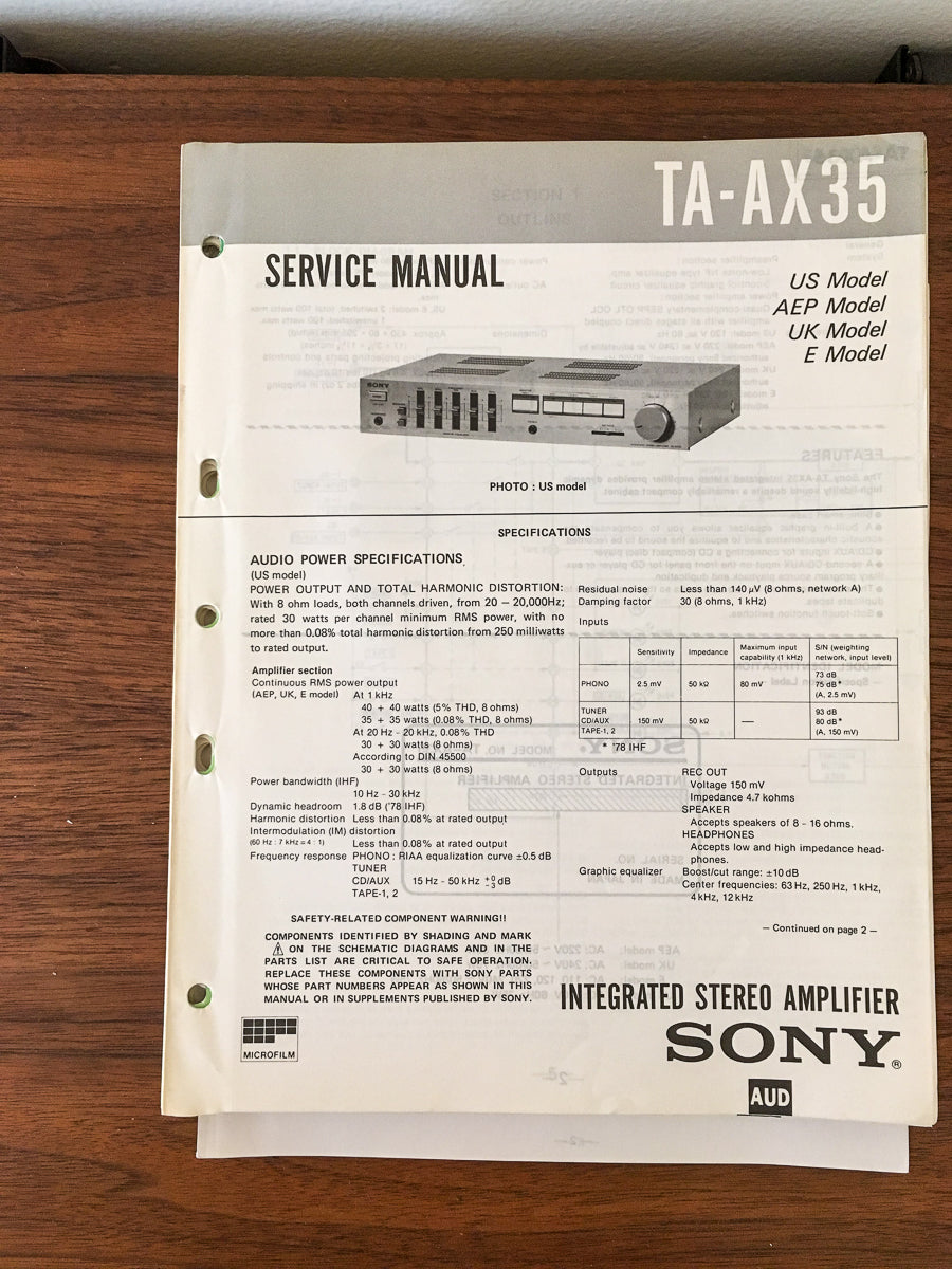 Sony TA-AX35 Amplifier Service Manual *Original*