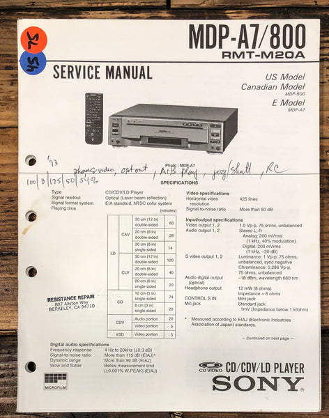 Sony MDP-A7 MDP-800 MD Player Service Manual *Original*