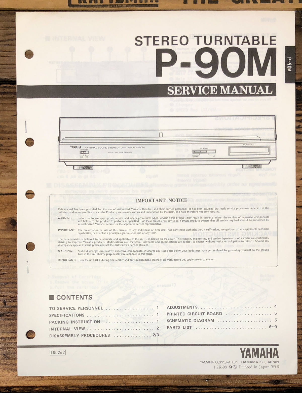 Yamaha P-90M Record Player / Turntable  Service Manual *Original*