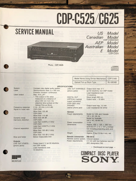 Sony CDP-C525 CDP-C625 CD Player Service Manual *Original*