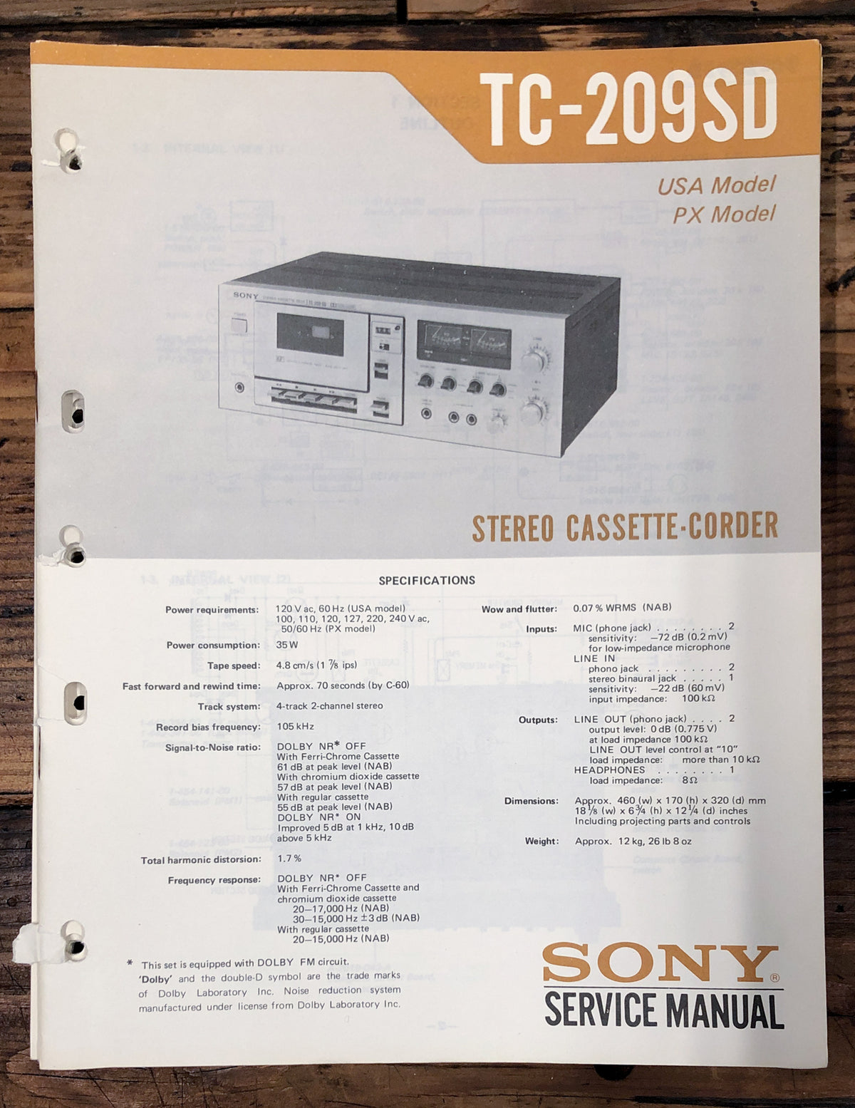 Sony TC-209SD Cassette Service Manual *Original*
